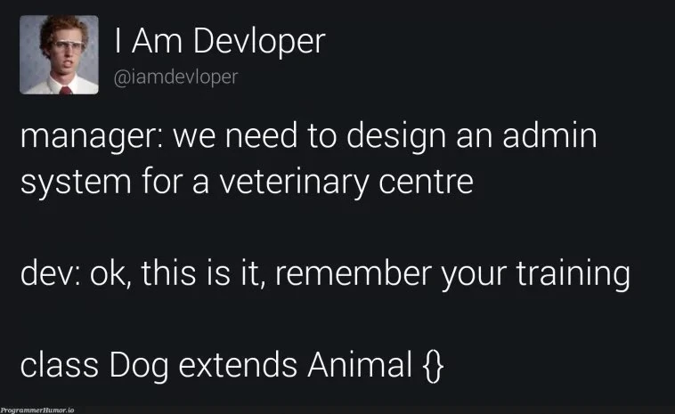 Code, where Dog class extends Animal class.