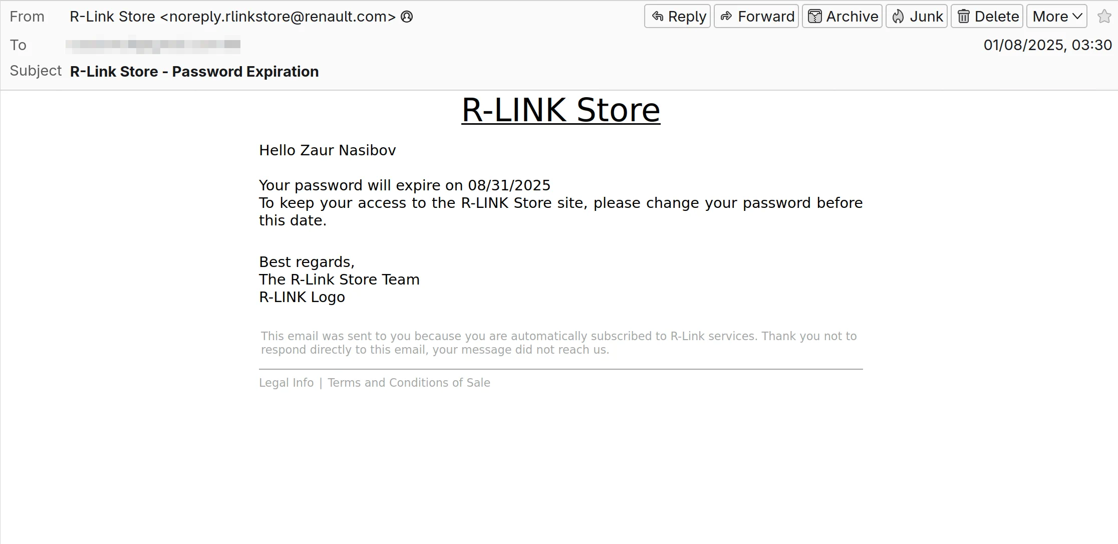 Email asks me to change the password